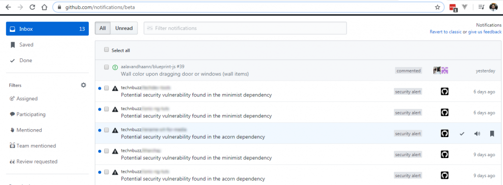 Security alert from github about potential security vulnerabilities in our repos, git commands from technbuzz.com