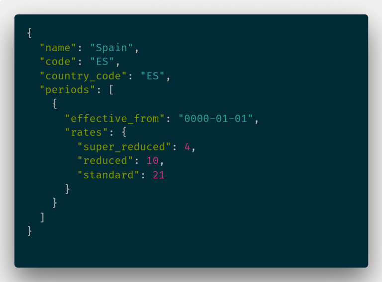 A image of code snippet which show how VAT of EU nations looks in JSON format 
