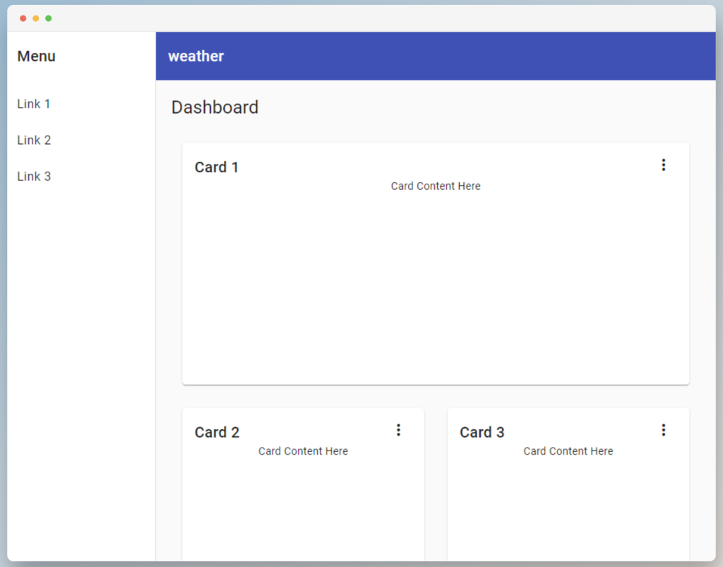Display of our App with Navigation and Dashboard using Material Sidenav, Toolbar and Cards
